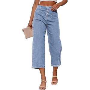image:imageSidefeel Womens Capri Pants Trendy Wide Leg Jeans High Waisted Stretchy Loose Cropped Denim PantsIceland Blue