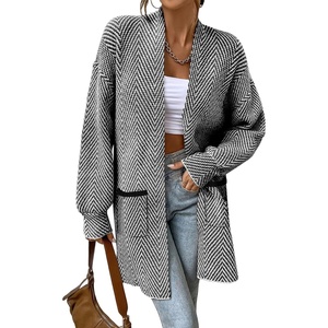 image:imageSidefeel Womens Cardigan Sweaters 2026 Long Sleeve Open Front Chevron Striped Fall Outfits Chunky Knit Sweaters CoatBlack and White