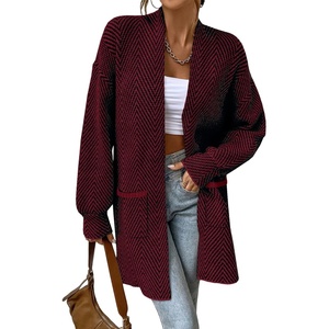 image:imageSidefeel Womens Cardigan Sweaters 2026 Long Sleeve Open Front Chevron Striped Fall Outfits Chunky Knit Sweaters CoatBurgundy