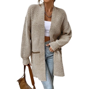 image:imageSidefeel Womens Cardigan Sweaters 2026 Long Sleeve Open Front Chevron Striped Fall Outfits Chunky Knit Sweaters CoatKhaki