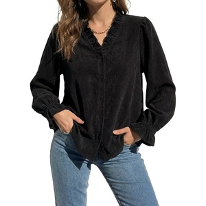 image:imageSidefeel Womens Corduroy Shirts Button Down Long Sleeve Ruffle V Neck Blouses TopBlack