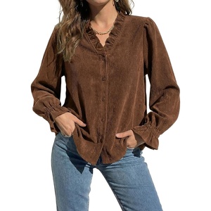 image:imageSidefeel Womens Corduroy Shirts Button Down Long Sleeve Ruffle V Neck Blouses TopCoffee
