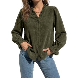 image:imageSidefeel Womens Corduroy Shirts Button Down Long Sleeve Ruffle V Neck Blouses TopGreen