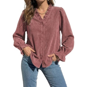 image:imageSidefeel Womens Corduroy Shirts Button Down Long Sleeve Ruffle V Neck Blouses TopMineral Red