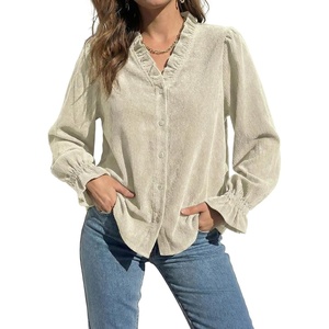 image:imageSidefeel Womens Corduroy Shirts Button Down Long Sleeve Ruffle V Neck Blouses TopWhite