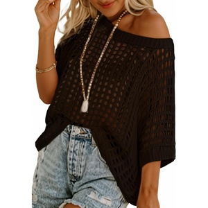 image:imageSidefeel Womens Crochet Tops Short Sleeve Sweater 2025 Fashion Hollow Out Scoop Neck Pullover Knit Tops Cover UpsBlack