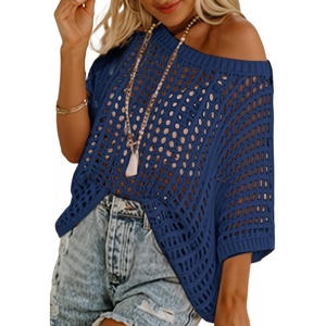 image:imageSidefeel Womens Crochet Tops Short Sleeve Sweater 2025 Fashion Hollow Out Scoop Neck Pullover Knit Tops Cover UpsBlue