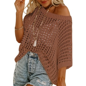 image:imageSidefeel Womens Crochet Tops Short Sleeve Sweater 2025 Fashion Hollow Out Scoop Neck Pullover Knit Tops Cover UpsCoffee