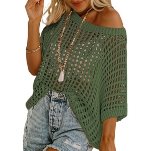 image:imageSidefeel Womens Crochet Tops Short Sleeve Sweater 2025 Fashion Hollow Out Scoop Neck Pullover Knit Tops Cover UpsGreen