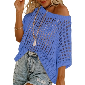 image:imageSidefeel Womens Crochet Tops Short Sleeve Sweater 2025 Fashion Hollow Out Scoop Neck Pullover Knit Tops Cover UpsLight Blue