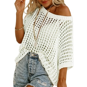 image:imageSidefeel Womens Crochet Tops Short Sleeve Sweater 2025 Fashion Hollow Out Scoop Neck Pullover Knit Tops Cover UpsWhite