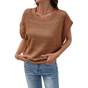 image:imageSidefeel Womens Crochet Tops for Women Cap Sleeve Knitted Summer Sweater Pullover Cute Beach Vacation ClothesCoffee