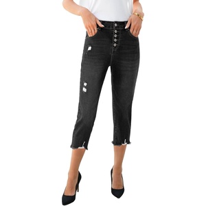 image:imageSidefeel Womens High Waist Jeans Stretchy Skinny Button Down Distressed Cropped Denim Pants with PocketsBlack