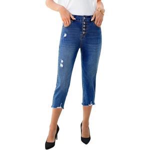 image:imageSidefeel Womens High Waist Jeans Stretchy Skinny Button Down Distressed Cropped Denim Pants with PocketsBluing