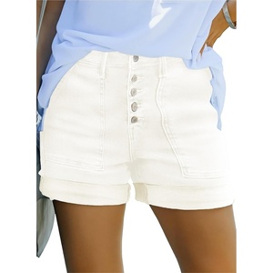 image:imageSidefeel Womens Jean Shorts High Waisted Stretchy Buttoned Folded Hem Zimbaplatinum Denim ShortsCream White
