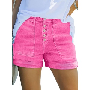 image:imageSidefeel Womens Jean Shorts High Waisted Stretchy Buttoned Folded Hem Zimbaplatinum Denim ShortsHot Pink
