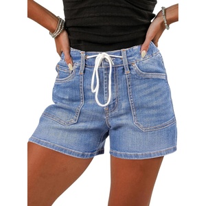 image:imageSidefeel Womens Jean Shorts High Waisted Stretchy Casual Drawstring Denim Shorts with PocketsSky Blue