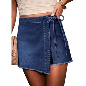image:imageSidefeel Womens Jean Skirt High Waisted Raw Hem Stretchy Asymmetrical Side Tie Wrap Denim Mini SkortBluing