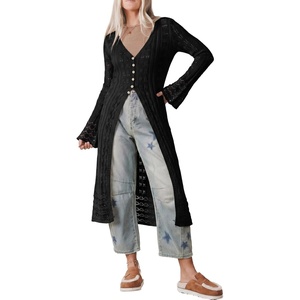 image:imageSidefeel Womens Long Cardigans Crochet Duster Button Up Bell Long Sleeve Trendy Fall Lightweight SweatersBlack