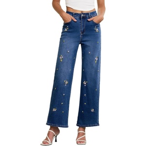 image:imageSidefeel Womens Straight Leg Embroidered Jeans High Waisted Stretchy Wide Leg Denim PantsDark Blue