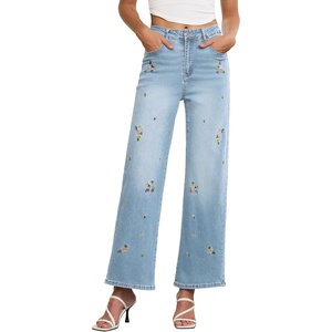 image:imageSidefeel Womens Straight Leg Embroidered Jeans High Waisted Stretchy Wide Leg Denim PantsIceland Blue