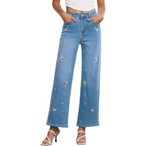image:imageSidefeel Womens Straight Leg Embroidered Jeans High Waisted Stretchy Wide Leg Denim PantsLight Blue