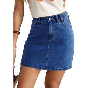 image:imageSidefeel Womens Summer Jean Skirt 2026 High Waist Button Stretch Knee Length Denim SkirtDark Blue