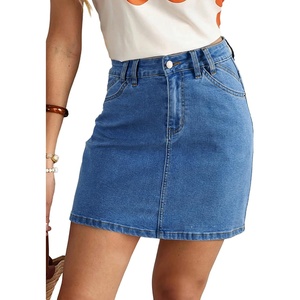 image:imageSidefeel Womens Summer Jean Skirt 2026 High Waist Button Stretch Knee Length Denim SkirtLight Blue