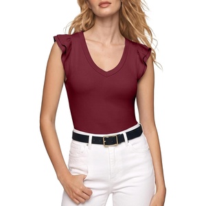 image:imageSidefeel Womens V Neck Summer Tops Ruffle Sleeveless Slim Fit T Shirts Casual Blouses 2026Burgundy
