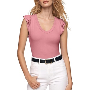 image:imageSidefeel Womens V Neck Summer Tops Ruffle Sleeveless Slim Fit T Shirts Casual Blouses 2026Pink