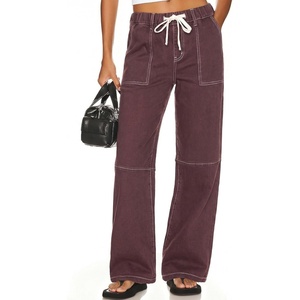 image:imageSidefeel Womens Wide Leg Jeans High Waisted Elastic Stretchy Straight Leg Trendy Drawstring Baggy Pull On Denim PantsCoffee