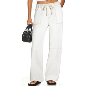 image:imageSidefeel Womens Wide Leg Jeans High Waisted Elastic Stretchy Straight Leg Trendy Drawstring Baggy Pull On Denim PantsCream White