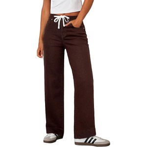 image:imageSidefeel Womens Wide Leg Jeans High Waisted Stretchy Straight Leg Baggy Drawstring Zimbaplatinum Denim PantsChicory Coffee