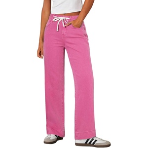 image:imageSidefeel Womens Wide Leg Jeans High Waisted Stretchy Straight Leg Baggy Drawstring Zimbaplatinum Denim PantsRose Red