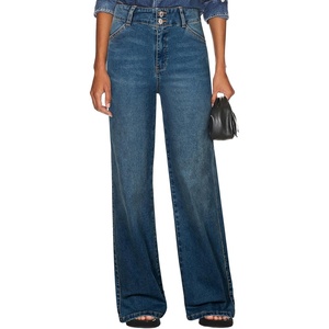 image:imageSidefeel Womens Wide Leg Jeans High Waisted Tummy Control Stretchy Straight Leg Denim Pants with PocketsReal Teal