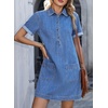 image:imageSidefeel Denim Dress for Women Casual Short Sleeve Collared Button Down Jean Dress Trendy A Line Summer Shirt DressLight Blue