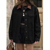 image:imageSidefeel Denim Jacket for Women Long Sleeve Leather Neck Button Down Jean Jacket with Three Big PocketsBlack