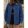 image:imageSidefeel Denim Jacket for Women Long Sleeve Leather Neck Button Down Jean Jacket with Three Big PocketsBluing