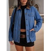 image:imageSidefeel Denim Jacket for Women Long Sleeve Leather Neck Button Down Jean Jacket with Three Big PocketsDark Blue