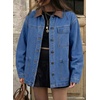 image:imageSidefeel Denim Jacket for Women Long Sleeve Leather Neck Button Down Jean Jacket with Three Big PocketsDark Blue