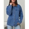 image:imageSidefeel Denim Jacket for Women Long Sleeve Leather Neck Button Down Jean Jacket with Three Big PocketsDark Blue