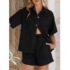 image:imageSidefeel Womens 2 Piece Sets Denim Summer Outfits Comfy Short Sleeve Button Down Shirt High Waisted Shorts Lounge SetsBlack