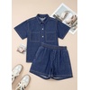 image:imageSidefeel Womens 2 Piece Sets Denim Summer Outfits Comfy Short Sleeve Button Down Shirt High Waisted Shorts Lounge SetsDark Blue