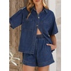 image:imageSidefeel Womens 2 Piece Sets Denim Summer Outfits Comfy Short Sleeve Button Down Shirt High Waisted Shorts Lounge SetsDark Blue