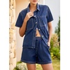 image:imageSidefeel Womens 2 Piece Sets Denim Summer Outfits Comfy Short Sleeve Button Down Shirt High Waisted Shorts Lounge SetsDark Blue