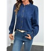 image:imageSidefeel Womens Button Down Denim Shirts Long Sleeve Ruffle Jean Shirts Blouse TopDark Blue