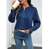 image:imageSidefeel Womens Button Down Denim Shirts Long Sleeve Ruffle Jean Shirts Blouse TopDark Blue