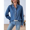 image:imageSidefeel Womens Denim Shirt Button Down Long Sleeve Ruffled Edge Jean Blouses TopsDark Blue