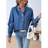 image:imageSidefeel Womens Denim Shirt Button Down Long Sleeve Ruffled Edge Jean Blouses TopsDark Blue