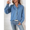 image:imageSidefeel Womens Denim Shirt Button Down Long Sleeve Ruffled Edge Jean Blouses TopsLight Blue